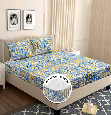 BSB HOME 180 TC Cotton Double Abstract Fitted (Elastic) Bedsheet(Pack of 1, Blue & Yellow4)