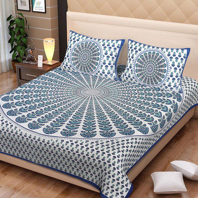 PALANG SHOBHA Cotton King Flat 400 TC Jaipuri Prints Bedsheet(Pack of 1, Blue)