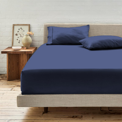 LINENWALAS 300 TC Cotton Single Solid Fitted (Elastic) Bedsheet(Pack of 1, Indigo)
