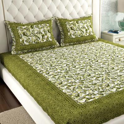Leo Creation Cotton Double Flat 144 TC Jaipuri Prints Bedsheet(Pack of 1, Green, Dark Green, White, Olive Green)