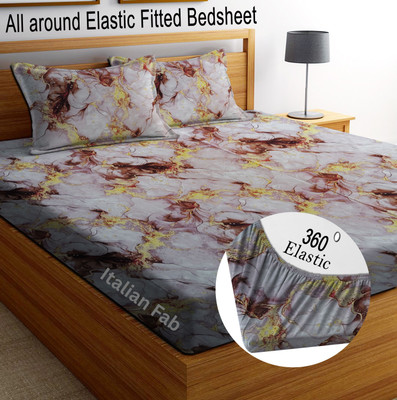 Italian Fab Cotton King Fitted (Elastic) 180 TC Printed Bedsheet(Pack of 1, White-Gold-Heavy)