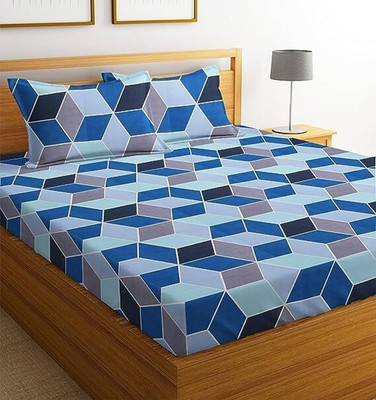 The Little Big Store 120 TC Microfiber Double Geometric Flat Bedsheet(Pack of 1, Blue)