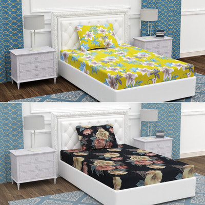 BEVI Microfiber Single Flat 280 TC Floral Bedsheet(Pack of 2, Yellow, Black)