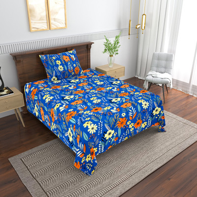 HappyKraft Microfiber Single Flat 144 TC Floral Bedsheet(Pack of 1, Dark Blue)