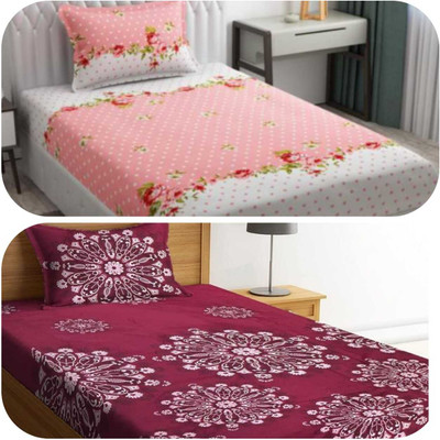 Prosseya 210 TC Cotton Single Solid Fitted (Elastic) Bedsheet(Pack of 2, RED2)