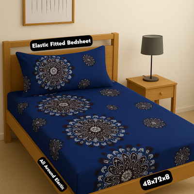 Amrange 190 TC Cotton Single 3D Printed Fitted (Elastic) Bedsheet(Pack of 1, Blue)