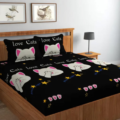 Pinaka Microfiber Double Fitted (Elastic) 250 TC 3D Printed Bedsheet(Pack of 1, Black)