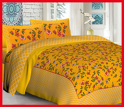 BedZone Cotton Double Flat 230 TC Jaipuri Prints Bedsheet(Pack of 1, Yellow)