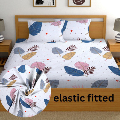 BlinkBerry Cotton Double, King Fitted (Elastic) 250 TC Floral Bedsheet(Pack of 1, Luxury Leaf Design Wrinkle Free Soft Bedsheet)