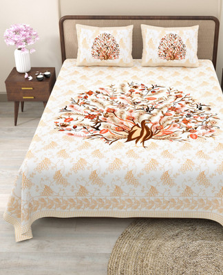 CLOTHOLOGY Cotton King Flat 240 TC Jaipuri Prints Bedsheet(Pack of 1, Brown, Peach, White)