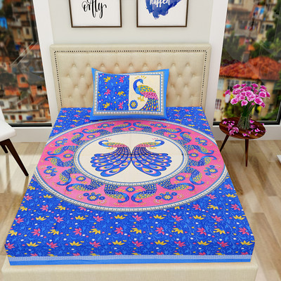 BG Collection Cotton Single Flat 220 TC Geometric Bedsheet(Pack of 1, Blue)