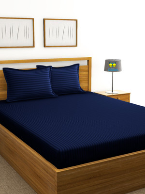 Houseofowlet Cotton Double Flat 210 TC Striped Bedsheet(Pack of 1, Blue)