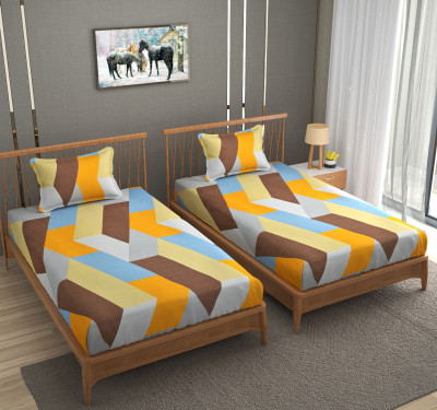 BROMWICK 280 TC Microfiber Single Printed Flat Bedsheet(Pack of 2, Yellow Brown)