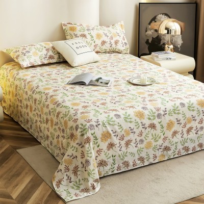 Story@home 300 TC Satin King Floral Flat Bedsheet(Pack of 1, Off White & Yellow)