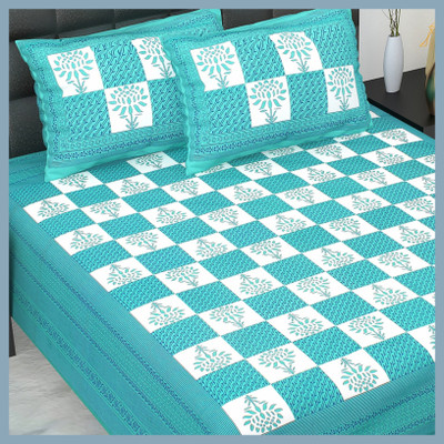 JAIPUR PRINTS 160 TC Cotton Double Jaipuri Prints Flat Bedsheet(Pack of 1, Sky)
