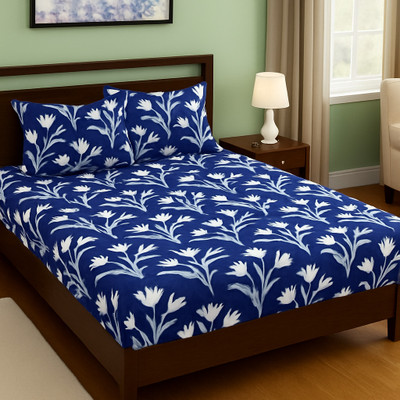 BeddingZone Cotton Double Fitted (Elastic) 300 TC Floral Bedsheet(Pack of 1, Blue)