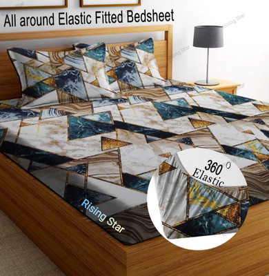 RisingStar Cotton King Fitted (Elastic) 250 TC Printed Bedsheet(Pack of 1, FITTED_WHITE GOLD TRAINGLE_)