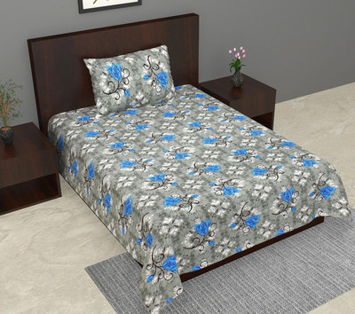 Monik Handicrafts Cotton Single Flat 144 TC Floral Bedsheet(Pack of 1, Grey & Blue)