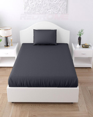 WUSA Satin Single Flat 210 TC Striped Bedsheet(Pack of 1, Dark Grey)