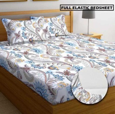 New Town 180 TC Cotton Queen Floral Fitted (Elastic) Bedsheet(Pack of 1, White)