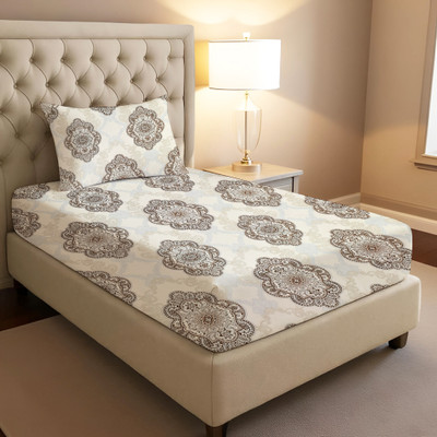BharatLinen 144 TC Cotton Single Jaipuri Prints Flat Bedsheet(Pack of 1, Beige)
