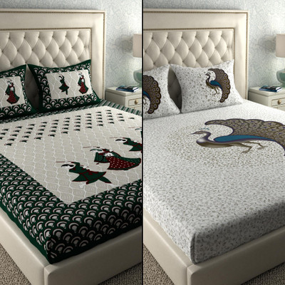 LA VERNE Cotton Double Flat 104 TC Jaipuri Prints Bedsheet(Pack of 2, Multicolor 1)