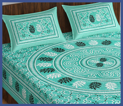 BedZone Cotton Double Flat 240 TC Jaipuri Prints Bedsheet(Pack of 1, Sky)