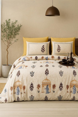 ABODRIC Cotton King Flat 300 TC Printed Bedsheet(Pack of 1, Cream)