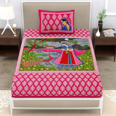 Cosito 144 TC Cotton Single Jaipuri Prints Flat Bedsheet(Pack of 1, Pink)