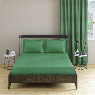 roman Cotton Queen Fitted (Elastic) 300 TC Striped Bedsheet(Pack of 1, Dark Green)