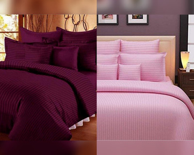 Prabh 210 TC Satin Double Striped Flat Bedsheet(Pack of 2, Multicolor)