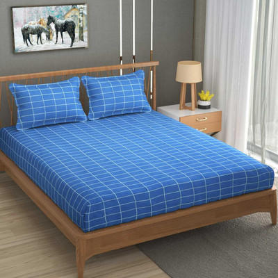 BELEZA FURNISHING Cotton Double Flat 144 TC Checkered Bedsheet(Pack of 1, Blue)