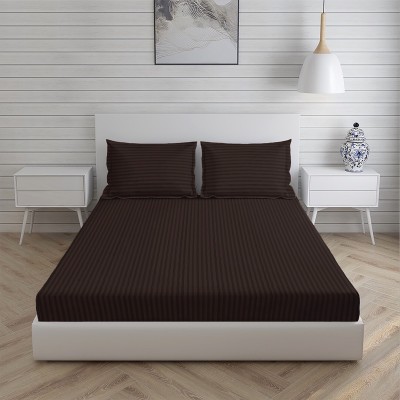 Manvi Designs 300 TC Cotton Queen Striped Fitted (Elastic) Bedsheet(Pack of 1, Brown)