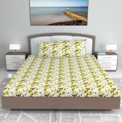 Divine Casa Cotton King Flat 144 TC Floral Bedsheet(Pack of 1, Daffodil Yellow)