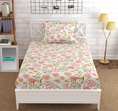 Hetvik home decor 210 TC Cotton Single Printed Fitted (Elastic) Bedsheet(Pack of 1, Peach)