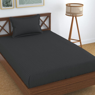 Home Stylish 280 TC Microfiber Single Striped Flat Bedsheet(Pack of 1, Grey)