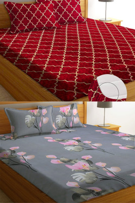 VORDVIGO 220 TC Cotton Queen Abstract Fitted (Elastic) Bedsheet(Pack of 2, Multicolor)