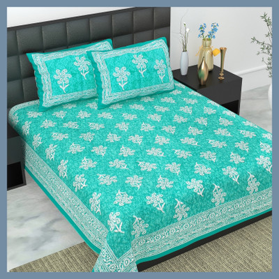 JAIPUR PRINTS 220 TC Cotton Double Jaipuri Prints Flat Bedsheet(Pack of 1, Sky)