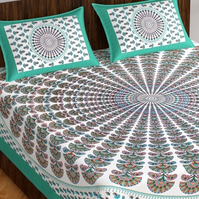Transpire......Become Known 144 TC Cotton Queen, Double Jaipuri Prints Flat Bedsheet(Pack of 1, Sea Green)