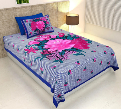 Ubania Collection Cotton Single Flat 144 TC Floral Bedsheet(Pack of 1, Blue)
