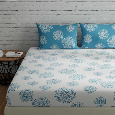 Huesland Cotton Double Flat 144 TC Geometric Bedsheet(Pack of 1, White & Blue)