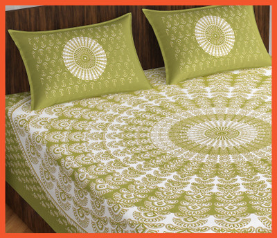 BedZone Cotton Double Flat 240 TC Jaipuri Prints Bedsheet(Pack of 1, Green)