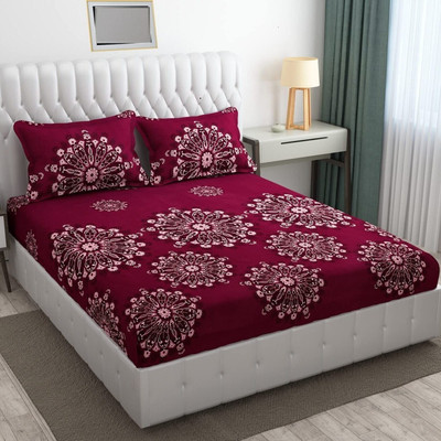 precise fabrics 250 TC Microfiber Double Printed Fitted (Elastic) Bedsheet(Pack of 1, Maroon)
