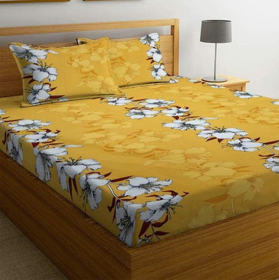 AVINYA 280 TC Cotton Double Floral Fitted (Elastic) Bedsheet(Pack of 1, Yellow)