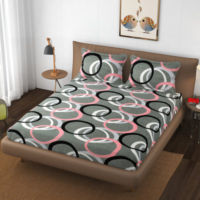 The Little Big Store Cotton King Fitted (Elastic) 210 TC Printed Bedsheet(Pack of 1, Grey Circle)