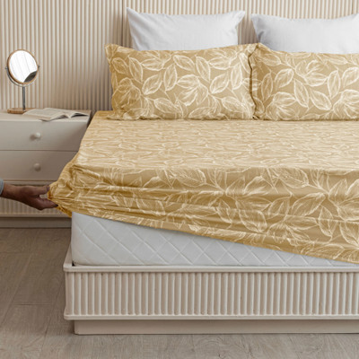 HOMEMONDE 210 TC Cotton Double Printed Fitted (Elastic) Bedsheet(Pack of 1, Golden)