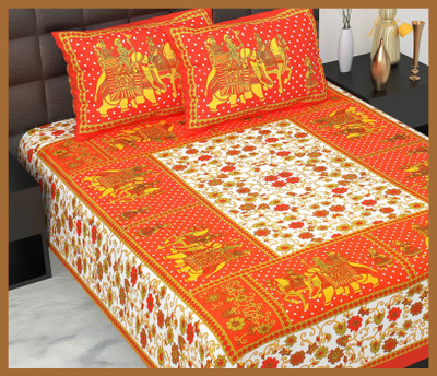 JAIPUR PRINTS Cotton Double Flat 210 TC Jaipuri Prints Bedsheet(Pack of 1, Orange)