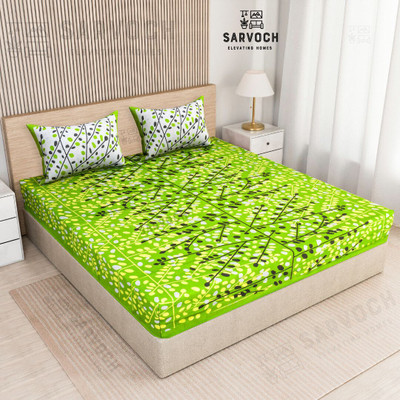 SARVOCH Cotton Double Flat 144 TC Jaipuri Prints Bedsheet(Pack of 1, Green, Black)