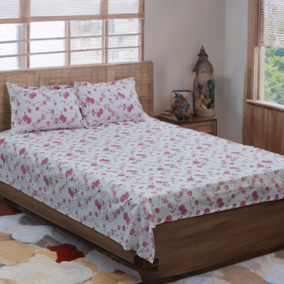 Nushio Clothing Cotton King Flat 200 TC Floral Bedsheet(Pack of 1, White)