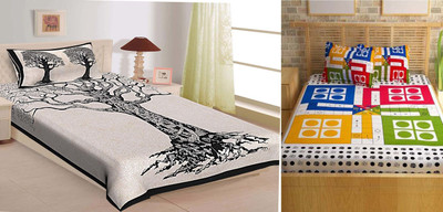 sr enterprises Cotton Double Flat 240 TC Jaipuri Prints Bedsheet(Pack of 2, Multicolor, Beige)